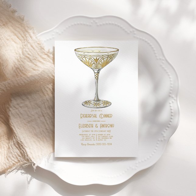 Convite Copo de Martini Dourado Jantar de Ensaios Art Déco (Gold Martini Glass 1920s Art Deco Rehearsal Dinner Invitation)