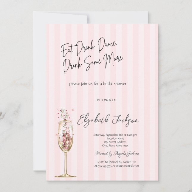 Convite Copo de Vinho Chic Confete Listrado Rosa  (Frente)