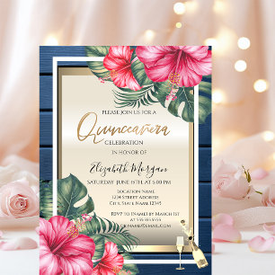 Convite Copo de vinho,Quinceanera de madeira azul hibisco