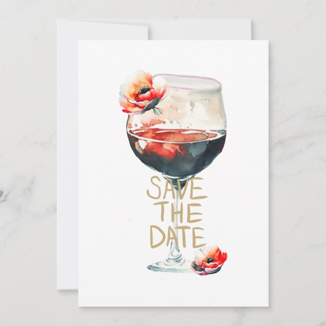 Convite Copo de Vinho Save The Date Com Papoulas Vermelhas (Frente)