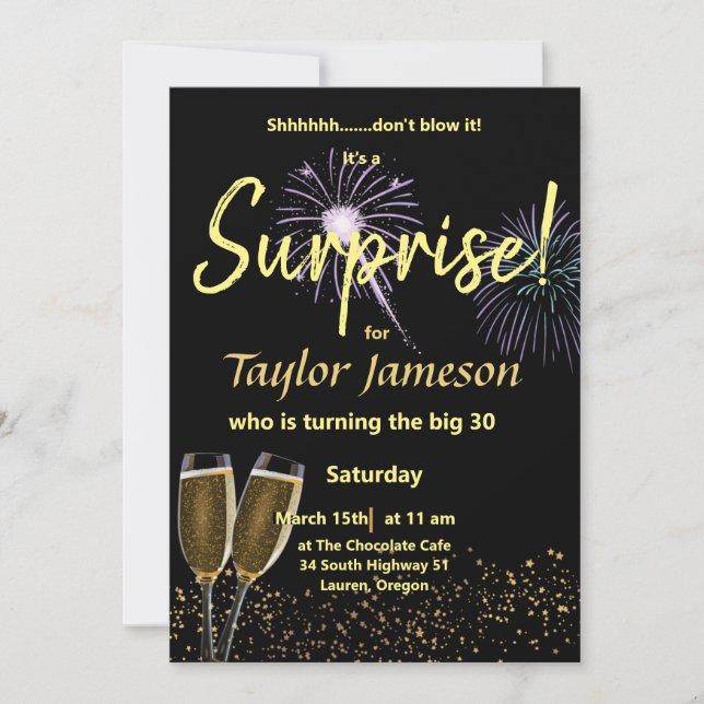 Convite Copo de vinho surpresa preto e dourado (Frente)