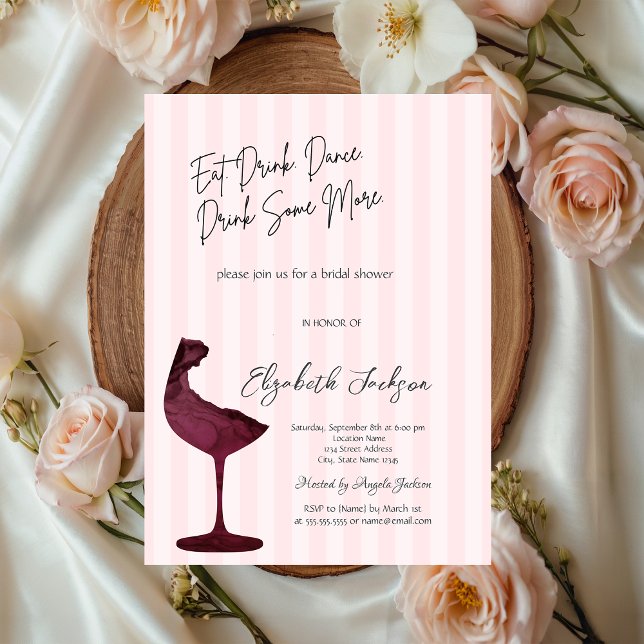 Convite Copo de vinho tinto chique com listras rosa  (Criador carregado)