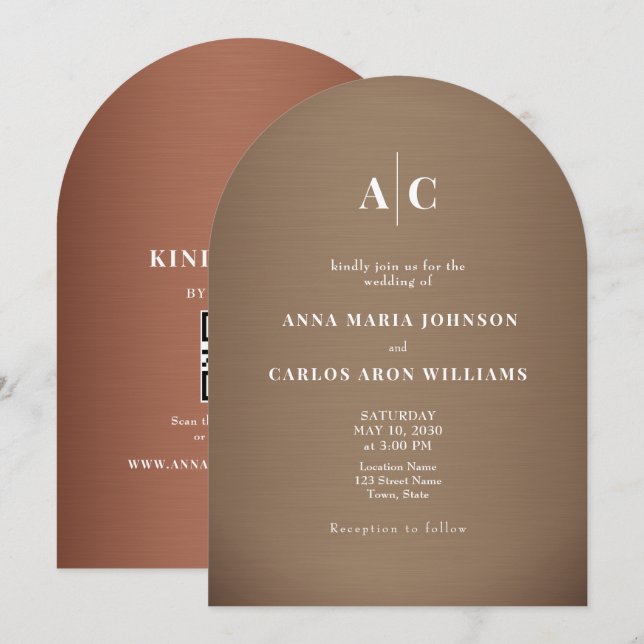 Convite Copper Brown Arched QR Code Wedding (Frente/Verso)