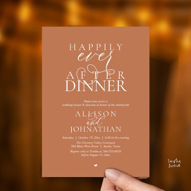 Convite Copper Brown Jantar Felizes para Sempre Casamento (Terracotta Copper Happily Ever After Dinner Modern Script Wedding Invitation Card)