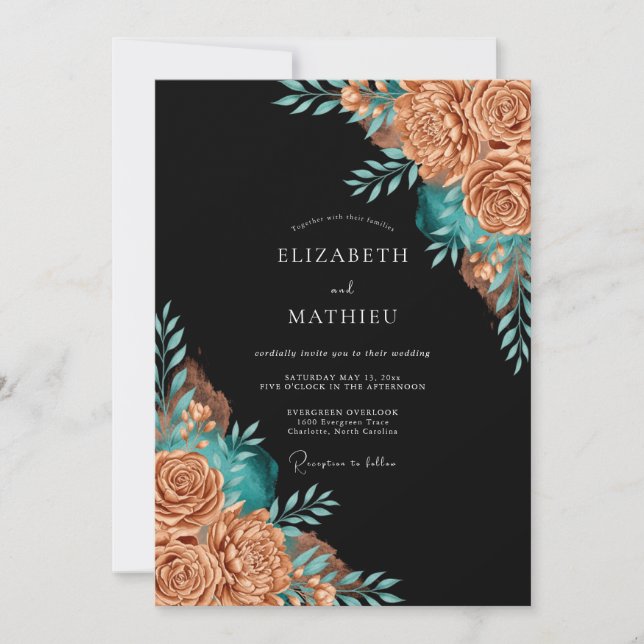 Convite Copper Teal Floral Whimsy Wedding (Frente)
