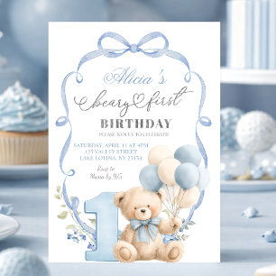 Convite Coquete Beary de Laço Azul Primeiro Aniversário