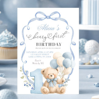 Convite Coquete Beary de Laço Azul Primeiro Aniversário