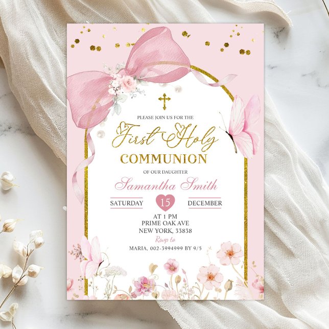 Convite Coquete Beijo Rosa Borboleta Primeira Comunhão (Criador carregado)