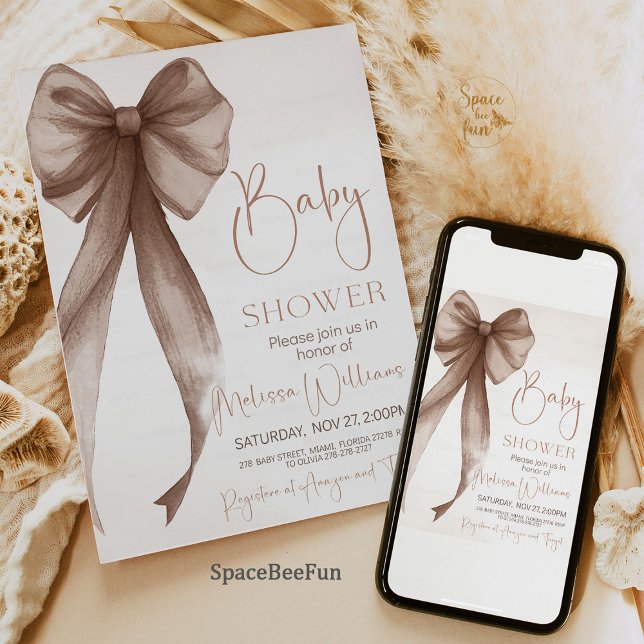 Convite Coquete do Chá de fraldas do arco (Bow Baby Shower Invitation, Boho Baby Shower Invite, Gender Neutral Baby Shower, Coquette Baby Showe)