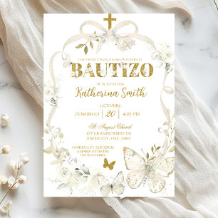 Convite Coquete Floral Branco Borboleta Batismo Espanhol
