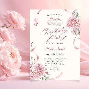 Convite Coquete Floral Laço Rosa Vintage aniversário