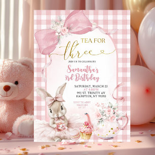 Convite Coquete Gingham Rosa Coelho Floral Terceiro Aniver
