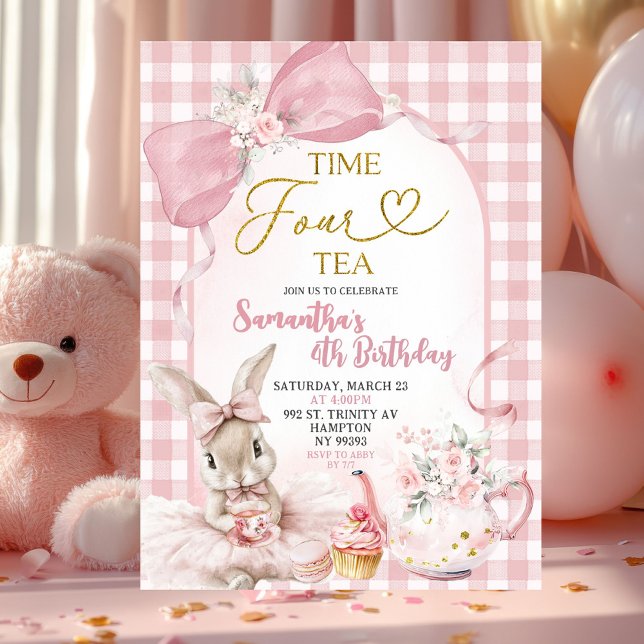 Convite Coquete Gingham Rosa Coelho Quarto Aniversário (Criador carregado)