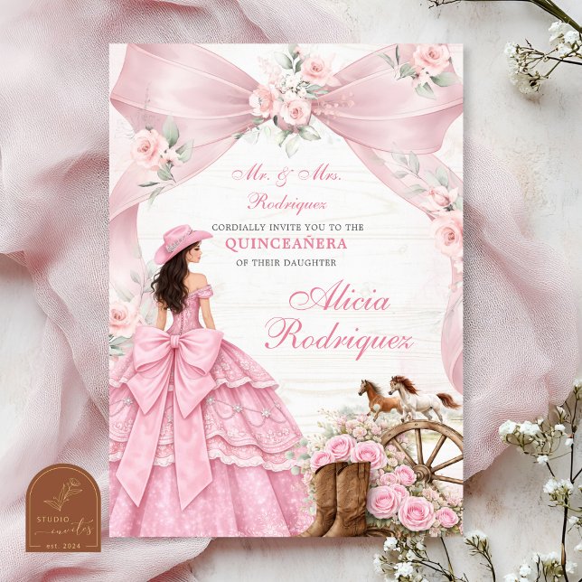 Convite Coquete Laço Rosa Charra Ocidental Quincea (Criador carregado)