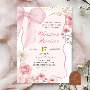 Convite Coquete Laço Rosa Floral Quinceanera