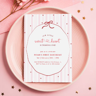 Convite Coquete Laço Rosa Pequeno Coração 1º Aniversário