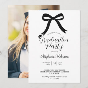 Convite Coquete Moderna Preta Laço Foto Festa de Graduação