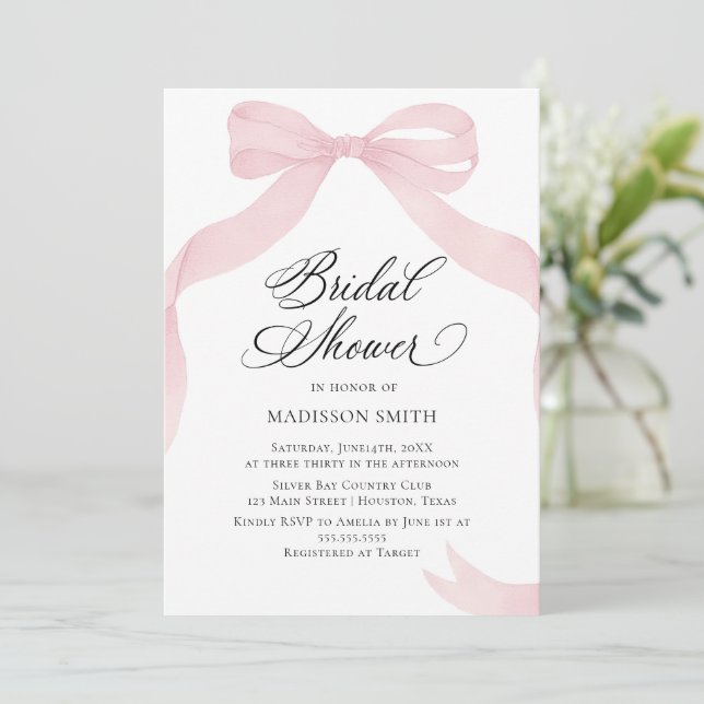 Convite Coquete pink bow Bridal Shower invitation (Em pé/Frente)