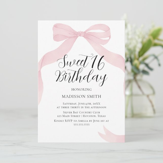 Convite Coquete pink bow Sweet Sixteen invitation (Em pé/Frente)