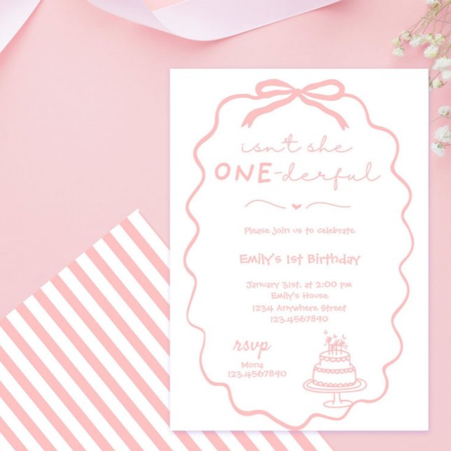 Convite Coquete primeiro aniversario de Arco Rosa-Rosa (coquette bow, pink bow, watercolor, hand drawn, pink coquette, blush,  baby girl, first birthday inv)