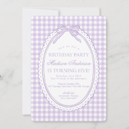 Convite Coquete Purple Gingham com Laço Festa de Aniversár