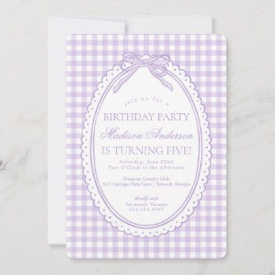 Convite Coquete Purple Gingham com Laço Festa de Aniversár
