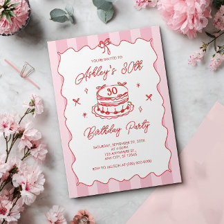 Convite Coquete Rosa Listrado Vintage Aniversário Desenhad