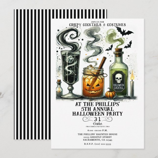 Convite Coquetéis Assustadores e Fofos Festa de Halloween (Frente/Verso)