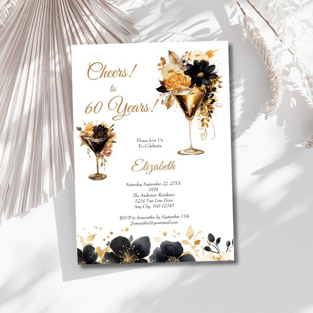 Convite Coquetéis Black Gold Drinks Florais Aniversário de (Black Gold Florals Cocktails 60th Birthday party invitation for her. Printed or Digital)