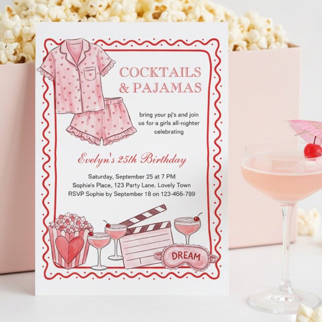 Convite Coquetéis Cor-de-Rosa e Meninas de Pijama Noite de (Cocktails & Pajamas party. Pink girls night design for birthday, bachelorette ..)
