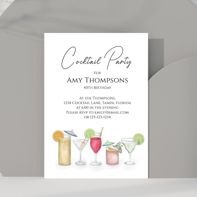 Convite Coquetéis de Aquarela Festa de aniversário Adulta (Watercolor cocktail party invitation with whimsy cocktail drinks. )
