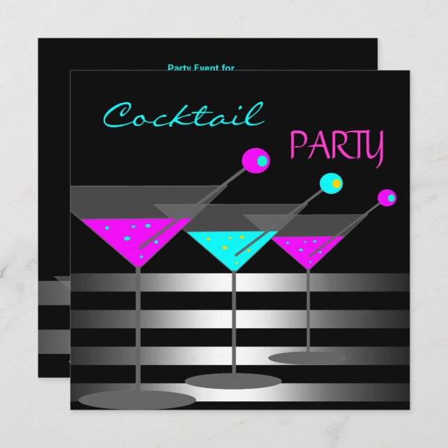 Convite Coquetéis do Cocktail Bebe Martini Teal Pink (Frente/Verso)