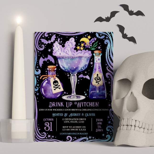 Convite Coquetéis e Festas de Bruxas (Cocktails and Costumes Witch Halloween Party Invitation)