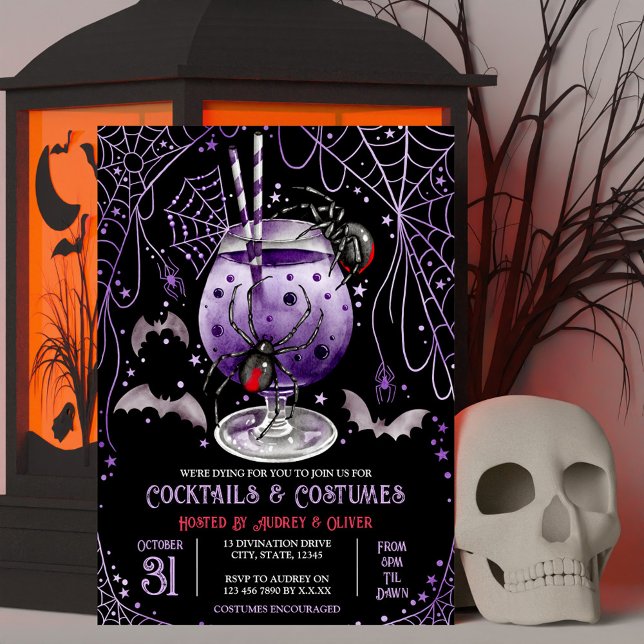 Convite Coquetéis e figurinos Viúva Negra do Halloween (Cocktails and Costumes Halloween Black Widow Invitation)