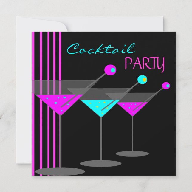 Convite Coquetéis Festa Drinks Martini Azul Rosa (Frente)