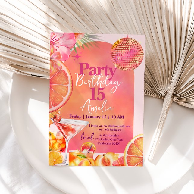 Convite Coquetel de Citros Tropical Disco Arco de Aniversá (Citrus Cocktail Tropical Disco Arch Birthday Invitation)