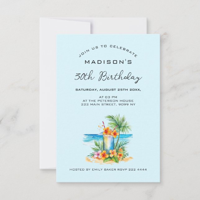 Convite Coquetel e Flor Exótica no Aniversário Azul (Frente)