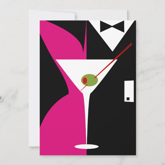 Convite Coquetel Martini Elegante em Fuchsia e Preto (Frente)