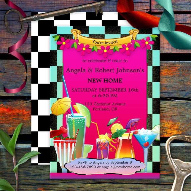 Convite Coquetel Retro Colorida, Uso Doméstico (Housewarming party invitation showing a colorful retro design with festive drinks and cocktail glass)