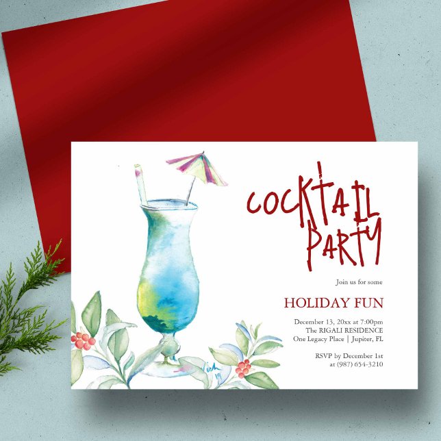 Convite Coquetel Tropical de Watercolor (Tropical theme Christmas cocktail party unique watercolor art by Victoria Grigaliunas)