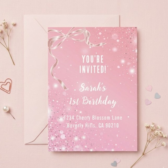 Convite Coquette 1st Birthday Invitations Pink Bow  (Criador carregado)