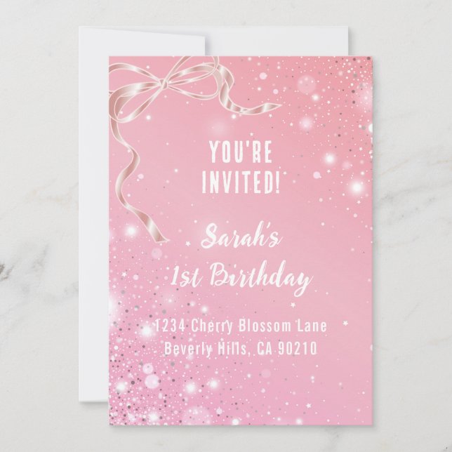 Convite Coquette 1st Birthday Invitations Pink Bow  (Frente)