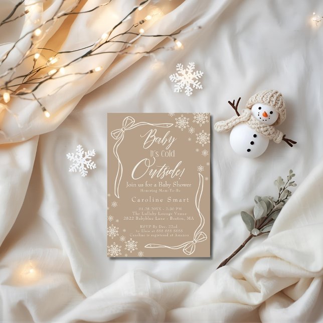 Convite Coquette Bebê está frio lá fora tons de bege convi (Coquette Baby its Cold outside taupe baby shower Invitation)