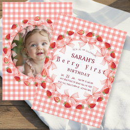 Convite Coquette Berry First Birthday Red Gingham Photo