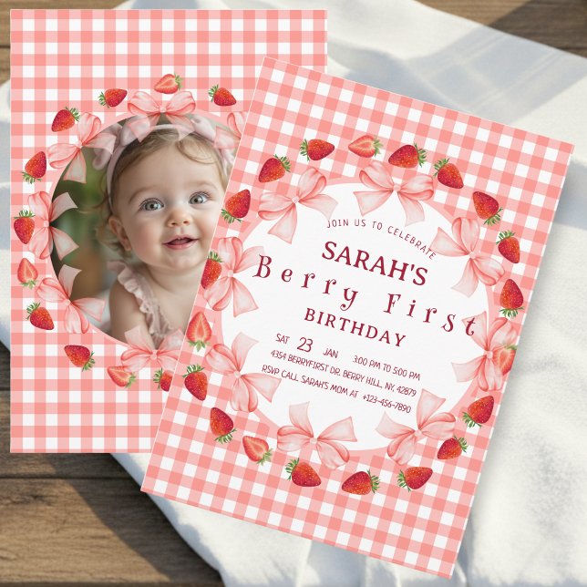 Convite Coquette Berry First Birthday Red Gingham Photo (Coquette Berry First Birthday Red Gingham Photo Invitation)