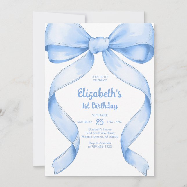 Convite Coquette Blue Bow Birthday Invitation (Frente)