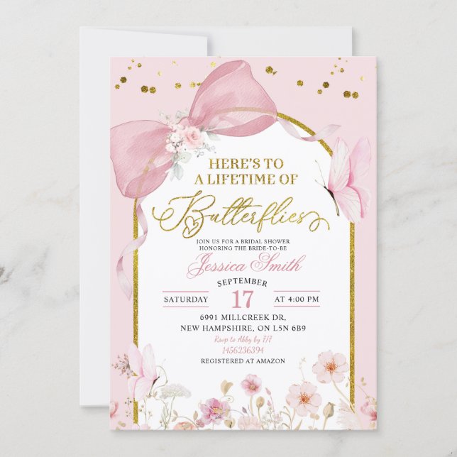 Convite Coquette Blush Pink Butterfly Bridal Shower (Frente)