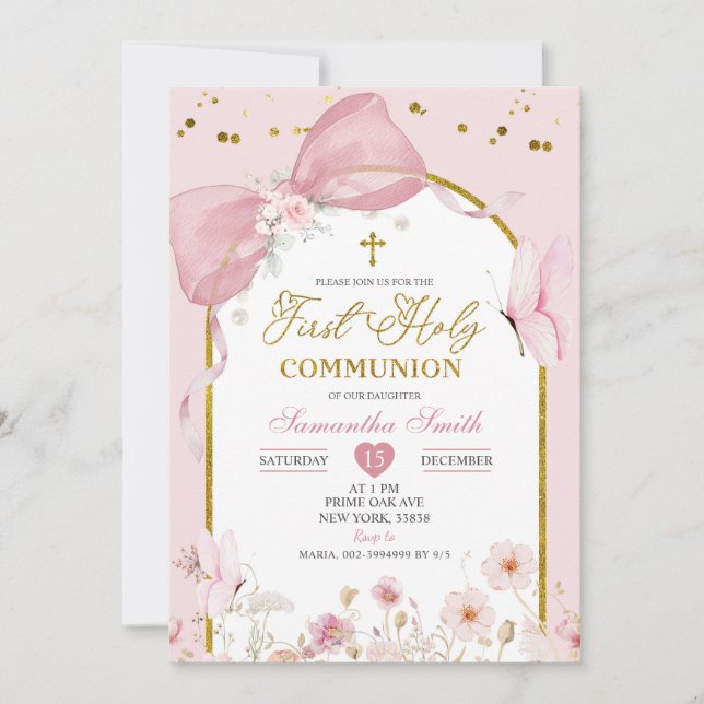 Convite Coquette Blush Pink Butterfly First Holy Communion (Frente)