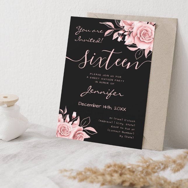 Convite Coquette Blush Pink Sweet 16 Floral Black (Coquette Blush Pink Sweet 16 Floral Black Invitation)