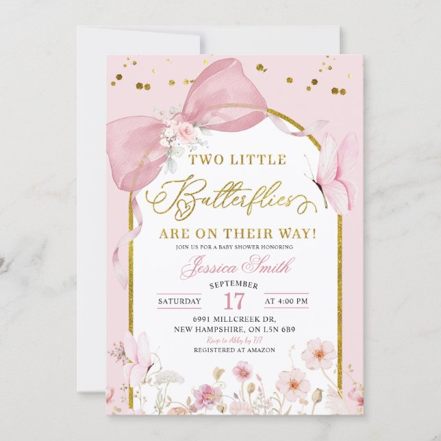 Convite Coquette Blush Pink Twins Butterfly Baby Shower (Frente)